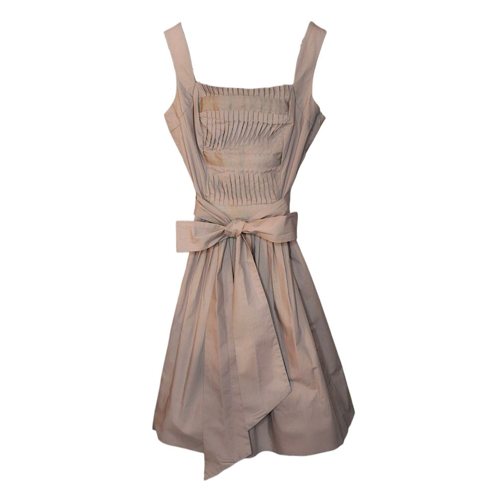 Neutral Khaki Tan Cotton Square Neck Fit Flare Pleated Apron Dress Tie Back sz S